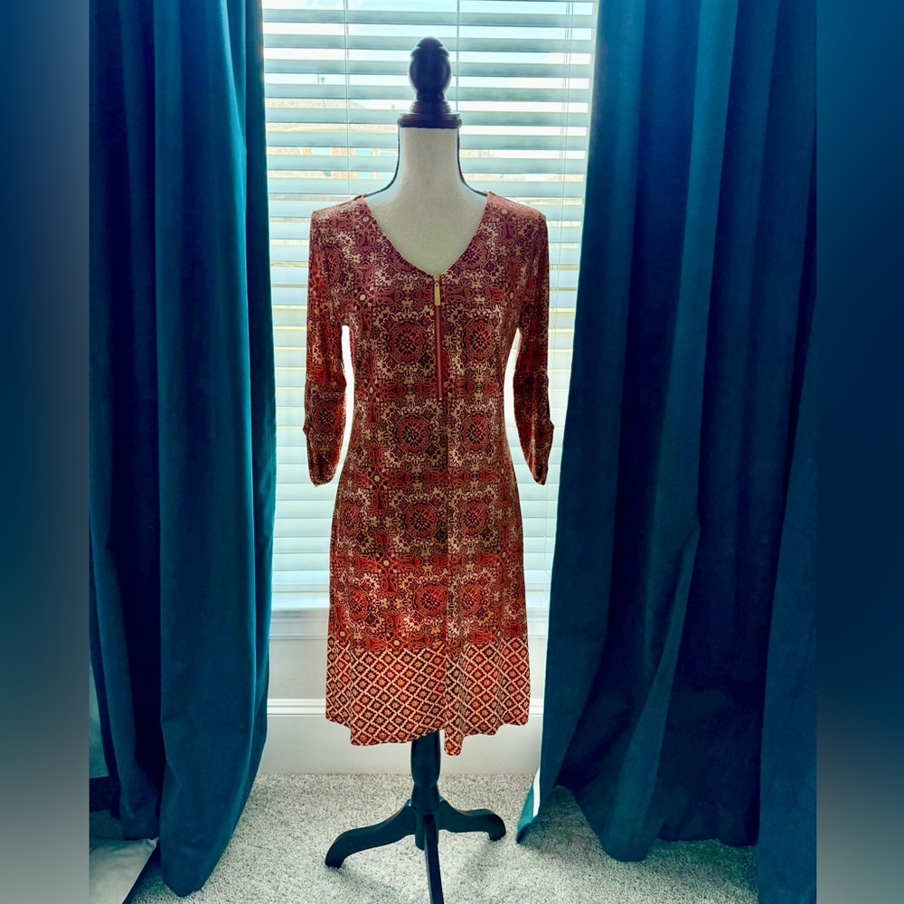 Rust Orange Patterned Dress with Gold Zip